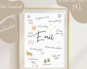 May include: A printable poster with a light blue background and a white frame. The poster features the name "Emil" in large, pink letters. There are several colorful illustrations around the name, including a rainbow, a sun, a star, a tiger, and a pair of sunglasses. The text on the poster says "Ich bin mutig", "Ich bin einzigartig", "Ich bin wichtig", "Ich glaube an mich", "Ich werde geliebt", "Ich kann alles schaffen", "Ich darf nein sagen", "Ich bin cool", "Ich lerne jeden Tag", and "Fehler sind Helfer".