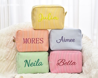 Personalisierte Seersucker Make-up Tasche, individuell bestickte Make-up Tasche, Brautdusche Tasche, Reise-Make-up-Tasche, Kulturtasche Kulturtasche, Kosmetiktasche