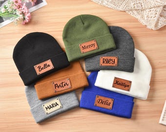 Personalized Baby Beanie: Knitted Winter Hat with Leather Name Patch