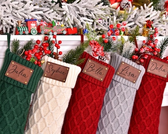 Media navideña de punto personalizada: parche de cuero grabado, decoración navideña