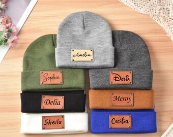 Personalized Knit Baby Beanie: Custom Name Leather Patch Winter Hat