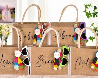 Personalized Bridesmaid Gift Bag with Charm,Beach Bag Custom Burlap Gift Bag,Beach Tote Bag,Bachelorette Party Bag, Bridesmaid Proposal Gift