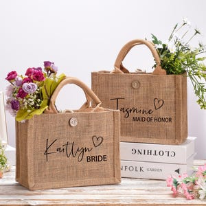 Personalized Burlap Bridesmaid Tote Bag: Custom Name Gift