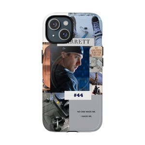 May include: A phone case featuring a collage of images including a person wearing a black cap, a hockey stick, a dumbbell, and text that reads "BARRETT", "MY GIRLFRIEND IS HOTTER THAN YOU", "#44", and "NO ONE MADE ME. I MADE ME." in various fonts.