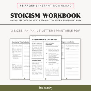 Puede incluir: Un cuaderno de trabajo de estoicismo imprimible con el título "STOICISM WORKBOOK" en letras negras grandes y en negrita. El cuaderno de trabajo incluye secciones sobre la sabiduría estoica y herramientas para una mente floreciente. También se muestra el texto "48 PAGES | INSTANT DOWNLOAD".