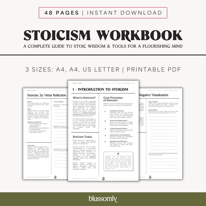 May include: A printable Stoicism workbook with the title "STOICISM WORKBOOK" in large, bold, black letters. The workbook includes sections on Stoic wisdom and tools for a flourishing mind. The image also displays the text "48 PAGES | INSTANT DOWNLOAD".