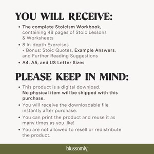 May include: Cream-colored graphic with black text detailing a Stoicism workbook. The text lists the workbook's contents, including lessons, exercises, and reading suggestions. It also notes the digital download format and available sizes.
