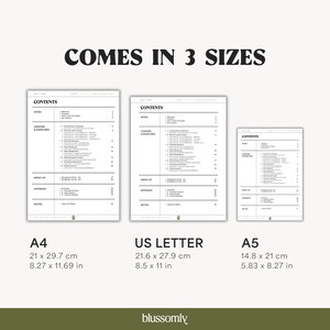 May include: Three white paper documents of varying sizes, labeled A4 (8.27 x 11.69 in), US Letter (8.5 x 11 in), and A5 (5.83 x 8.27 in). Each document displays a "CONTENTS" section and other text. The phrase "COMES IN 3 SIZES" is at the top.