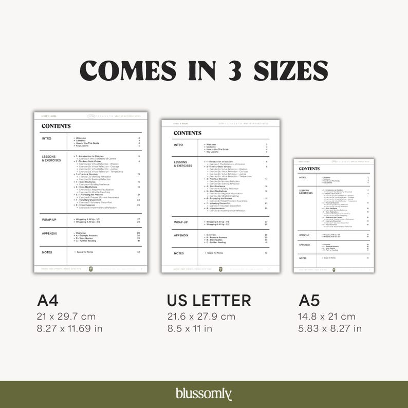 May include: Three white paper documents of varying sizes, labeled A4 (8.27 x 11.69 in), US Letter (8.5 x 11 in), and A5 (5.83 x 8.27 in). Each document displays a "CONTENTS" section and other text. The phrase "COMES IN 3 SIZES" is at the top.