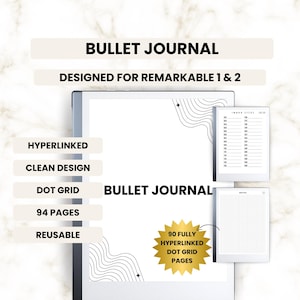 Könnte beinhalten: Ein schwarz-weißer digitaler Planer mit einem Punktgitter. Der Planer ist für die Tablets Remarkable 1 & 2 konzipiert. Er verfügt über 94 Seiten, ein sauberes Design und ist vollständig verlinkt. Der Planer ist wiederverwendbar und hat ein goldenes Sternendesign auf dem Cover.