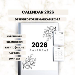 Peut inclure: Un calendrier imprimable noir et blanc pour 2026, conçu pour la tablette Remarkable 2 & 1. Le calendrier présente un design simple avec un motif floral et le texte "2026 Calendar".