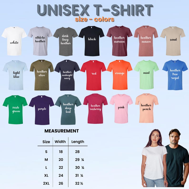 Op de afbeelding: Een display van unisex T-shirts in verschillende kleuren, waaronder wit, zwart en grijs. De afbeelding toont ook maat- en meetgegevens, met de breedte van de shirts vari&euml;rend van 45.7 cm tot 66 cm.