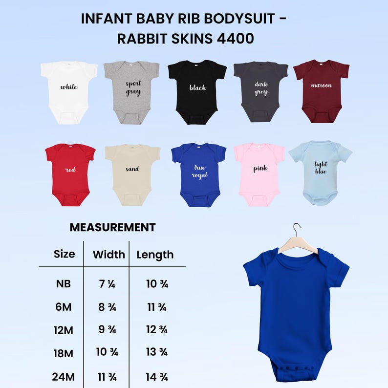 Op de afbeelding: Baby rib rompertjes in diverse kleuren, waaronder wit, grijs, zwart en rood. De afbeelding toont een maattabel met afmetingen in centimeters, met een breedte vari&euml;rend van 18,4 cm tot 28,6 cm en een lengte van 27,3 cm tot 36,2 cm.