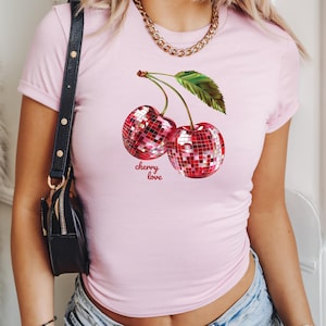 Cherry Love Baby Tee, Y2K Aesthetic Crop Top, Disco Ball Cherry Shirt, Cute Summer Fruit Shirt, Trendy Graphic Baby Tee