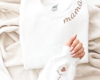 Custom Mama Sweatshirt with Kids Name on Sleeve, Personalized Mum Sweatshirt, Minimalist Mummy Jumper, Gift for Her, Mama Christmas Gift