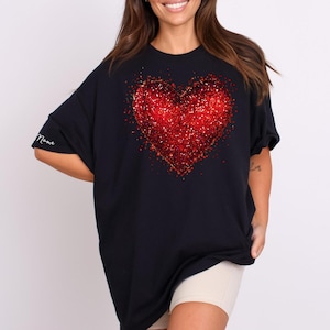 Personalized Glitter Heart Shirt, Custom Valentine Gift Tee, Red Sparkle Heart T-shirt, Love Shirt for Women, Cute Heart Tee