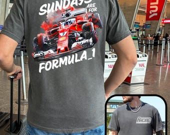 May include: A dark gray t-shirt with a vintage-style graphic of a red Formula 1 race car with the text "Sundays are for Formula_1".