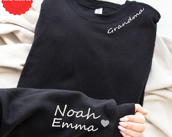 Custom Embroidered Grandma Sweatshirt: Personalized Kids' Names Sleeve, Minimalist Momma Sweater