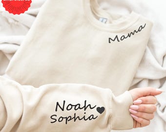 Custom Embroidered Mama Sweatshirt: Personalized Kids' Names Sleeve, Minimalist Momma Sweater