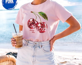 Cherry Love Disco Ball T-Shirt, Sparkly Cherry Graphic Tee, Summer Beach Aesthetic Shirt, Cute Fruit Lover Gift, Y2K Retro Style Tee
