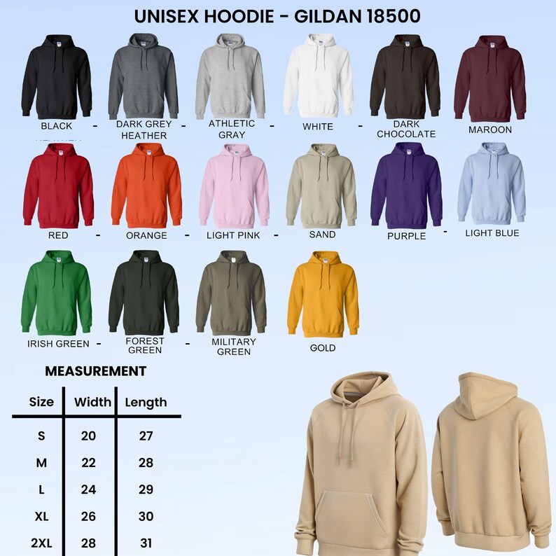 Op de afbeelding: Een verscheidenheid aan unisex Gildan 18500 hoodies in verschillende kleuren, waaronder zwart, grijs, wit, rood, oranje en groen. De afbeelding toont ook een maattabel met afmetingen in cm voor breedte en lengte, vari&euml;rend van maat S tot 2XL.