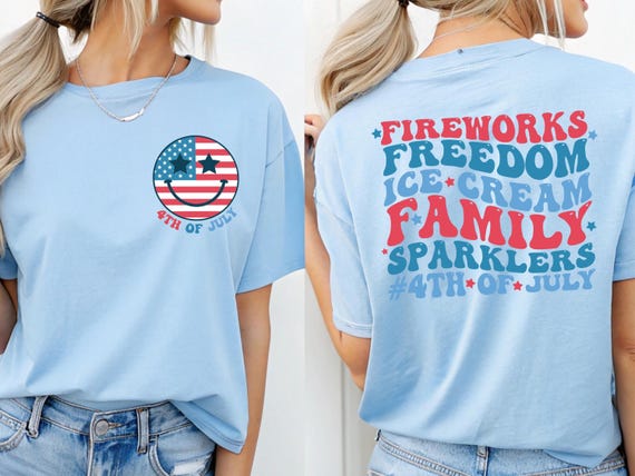4th of July Shirt Smiley Face USA Flag Tee – Patriotic Family Matching Fireworks Ice Cream Freedom Graphic Tee, Red White and Blue