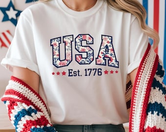 Floral USA Shirt, American Girl Shirt, USA Est 1776 Shirt, Girly 4th of July Shirt, Patriotic Women Shirt, Flower USA Shirt