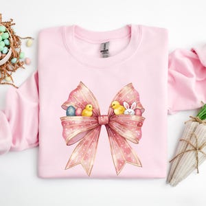 Coquette Bow Bunny Ears Sweatshirt, Cute Easter Bunny Shirt, Aesthetic Rabbit Tee, Happy Easter Gift, Soft Girl Spring Outfit,Easter Women&#39;s