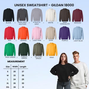Op de afbeelding: Afbeelding van Gildan 18000 unisex sweatshirts in verschillende kleuren, waaronder zwart, rood en goud. Er is ook een maattabel opgenomen, met maten vari&euml;rend van S tot 2XL. Breedtematen vari&euml;ren van 50.8 cm tot 71.1 cm en lengtematen van 68.6 cm tot 78.7 cm.