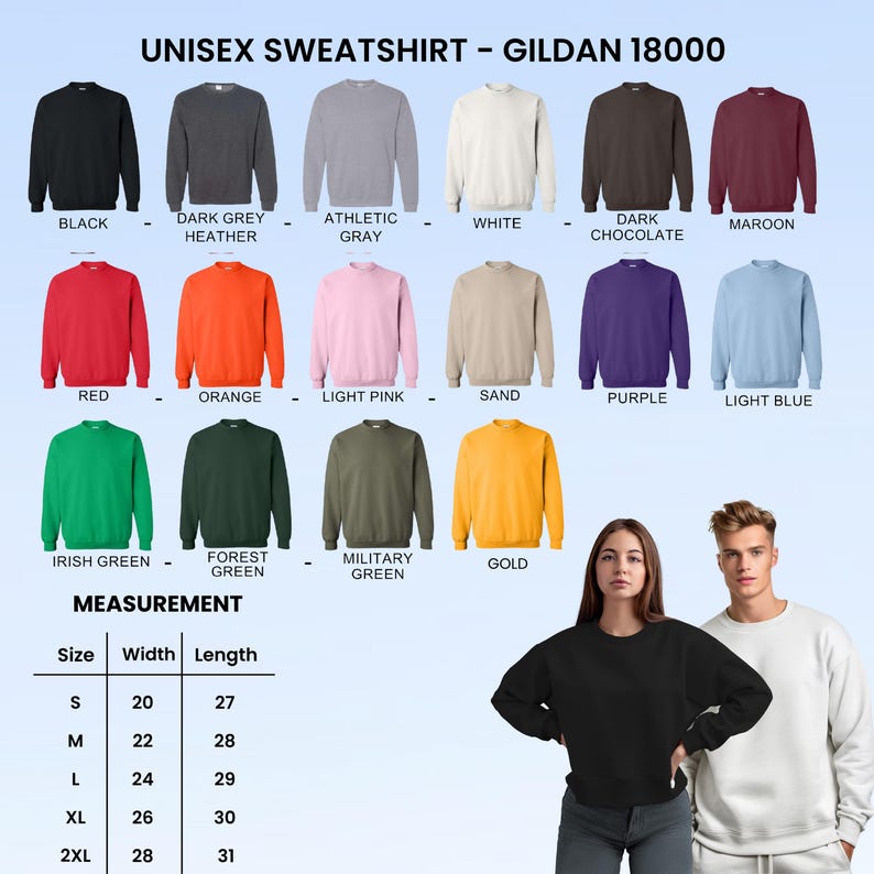 Op de afbeelding: Afbeelding van Gildan 18000 unisex sweatshirts in verschillende kleuren, waaronder zwart, rood en goud. Er is ook een maattabel opgenomen, met maten vari&euml;rend van S tot 2XL. Breedtematen vari&euml;ren van 50.8 cm tot 71.1 cm en lengtematen van 68.6 cm tot 78.7 cm.