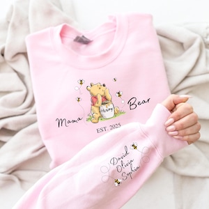 Custom Mama Bear Hoodie and Sweatshirt, Mother Day Gift, Winnie the Pooh Mothers Days Gift, Mama Est with Kid Name on Sleeve Classic