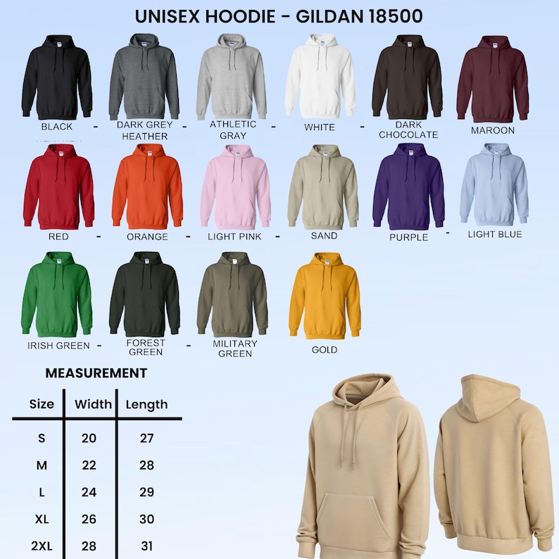 Puede incluir: Sudaderas con capucha unisex Gildan 18500 en varios colores, como negro, gris, blanco, rojo, naranja y verde. La imagen tambi&eacute;n muestra una tabla de tallas con medidas en cm, de la S a la 2XL, con anchos de 51 a 71 cm y largos de 69 a 79 cm.