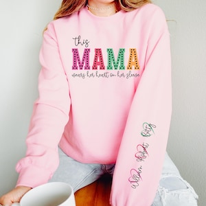 I Wear My Heart On My Sleeve Sweatshirt, Mothers Day Hoodie, Mom Sweater with Kids Name on Sleeve, Custom Mother Day Gift, Mom Birthday Gift