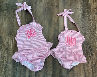 Seersucker monogrammed swimsuit
