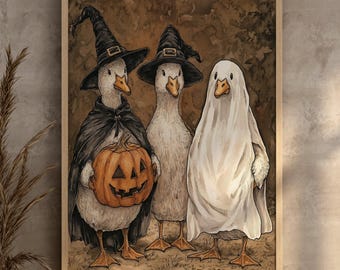 Halloween Goose Art Print: Witch, Ghost, Jack-o'-Lantern (Digital Download)