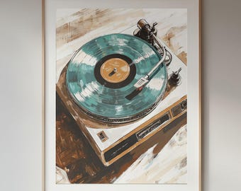Puede incluir: Una impresión de arte mural enmarcada que presenta una ilustración pictórica de un tocadiscos vintage con un disco de vinilo color verde azulado. La obra utiliza tonos marrones, blancos y verde azulados para representar el tocadiscos con pinceladas.