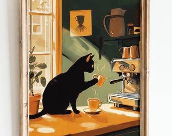 コーヒーを飲む黒猫のアートプリント：レトロなキッチンデコレーション