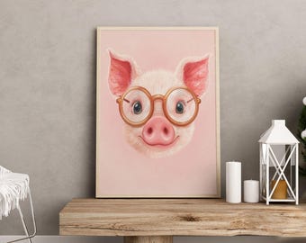Pig With Glasses Canvas Wall Art, Cute Pig Nursery Print, Pastel Animal Wall Art, Farmhouse Kids Room Decor, Baby Girl Playroom Poster
