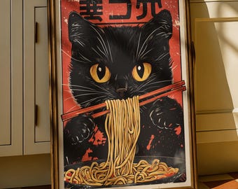 Noodle Cat Thief Print, Japanese Ramen Art, Black Cat Vintage Poster (Digital Download)