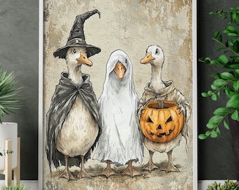 Halloween Goose Art Print: Witch, Ghost & Pumpkin - Farmhouse Decor (Digital Download)
