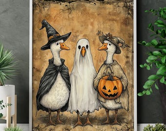 Vintage Halloween Goose Print: Witch, Ghost, Pumpkin (Digital Download)