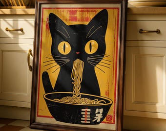 Kuro Neko Ramen Print, Retro Japanese Cat Poster, Anime Wall Art (Digital Download)