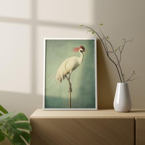 Japanese Crane Wall Art, Japanese Crane Painting, Crane Print, Vintage Bird Prints, Japandi Art Print Crane, Green Decor