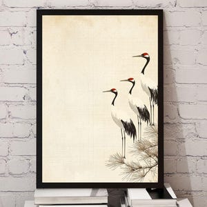 Crane Japandi Print - Vintage Japanese Crane Birds - Japandi Crane Wall Art, Minimalist Japanese Bird Print, Tranquil Nature Decor