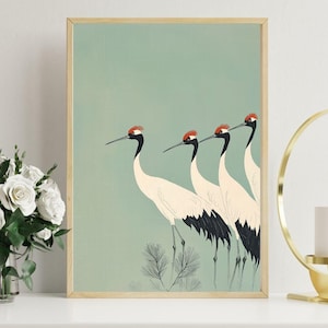 Japanese Cranes Green Wall Art,Japanese Crane Painting, Japandi Bird Poster, Vintage Crane Print
