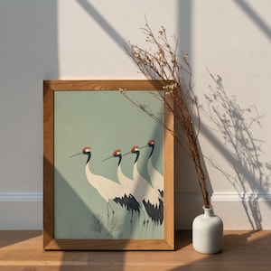 Japanese Cranes Green Wall Art,Japanese Crane Painting, Japandi Bird Poster, Vintage Crane Print