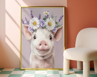 Arte mural de cerdo con flores, bonito estampado floral de cerdo, decoración de granja para guardería, ilustración de animal en tonos pastel, póster floral de cerdo estilo cottagecore.