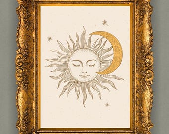 Sun Moon Printing Wall Art Decorative - Boho Celestial Wall Art - Minimalist Sun and Moon Print - Aesthetic Digital Download