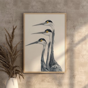 Japanese Wall Art Antique Crane Watercolor Print, Vintage Painting, Elegant Art, Farmhouse Wall Decor, Digital Download, Crane Wall Art