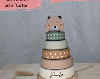 Personalisiertes Holz Steckspiel mit Namen – Montessori Stapelturm Babyspielzeug – Geschenk zur Geburt, Taufe, 1. Geburtstag Kinder